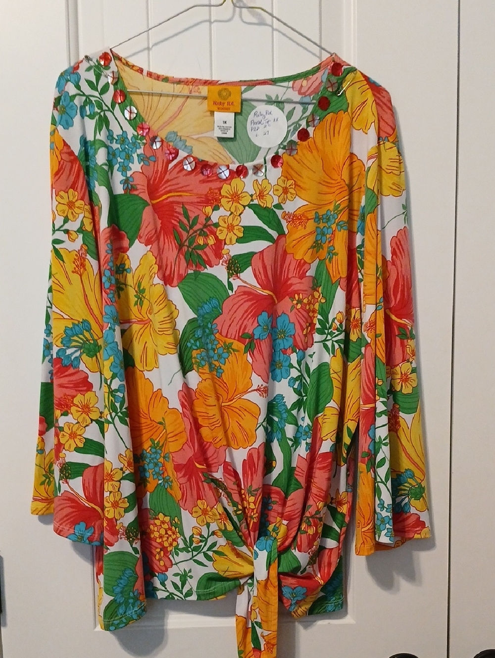 Ruby Rd. Floral Tie-Front Long Sleeve Top - Yellow, Red, Green, Blue